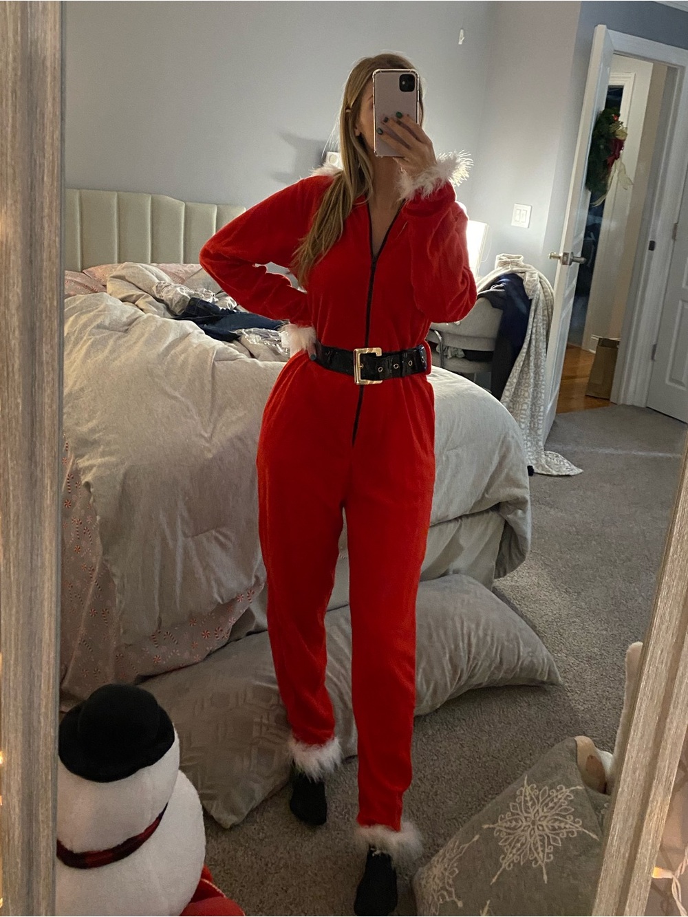 Red Faux-Fur Trim Holiday Onesie Jumpsuit